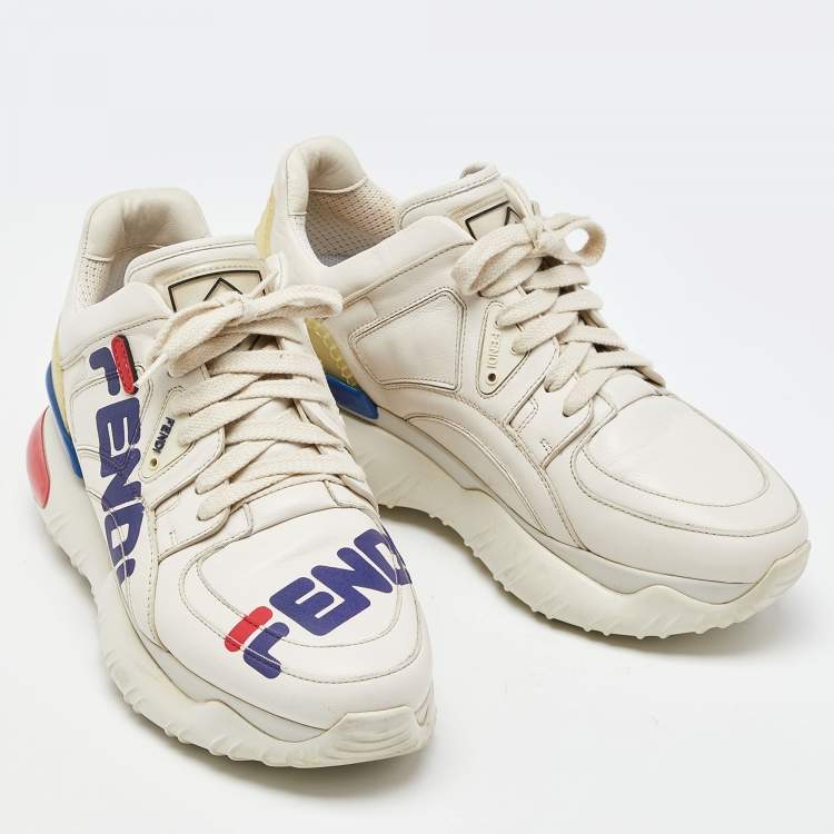 Pre Owned Fendi Off White Leather and Rubber Fendi Fila Mania Sneakers Size 39