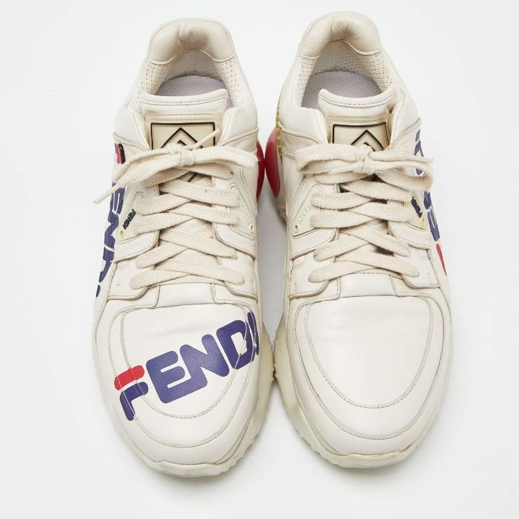 Pre Owned Fendi Off White Leather and Rubber Fendi Fila Mania Sneakers Size 39