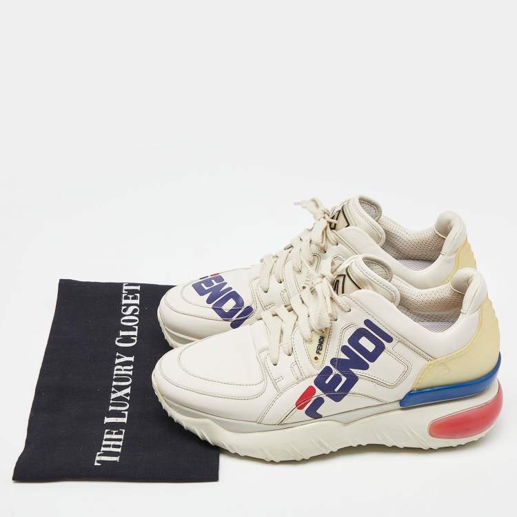 Pre Owned Fendi Off White Leather and Rubber Fendi Fila Mania Sneakers Size 39