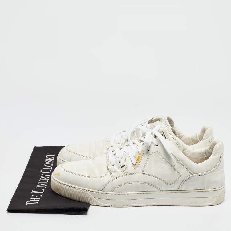 Pre Owned Fendi White Logo Print Leather Low Top Sneakers Size 45