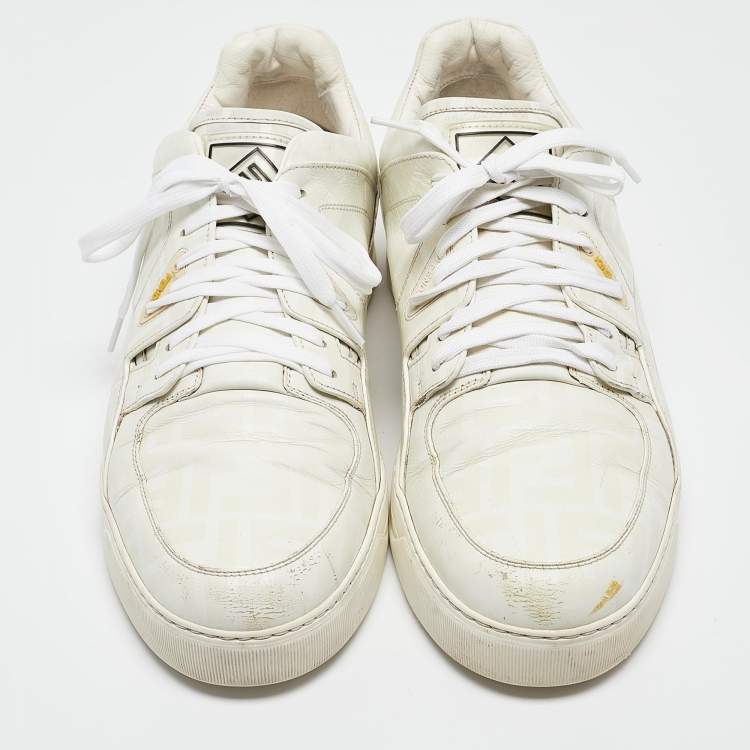 Pre Owned Fendi White Logo Print Leather Low Top Sneakers Size 45