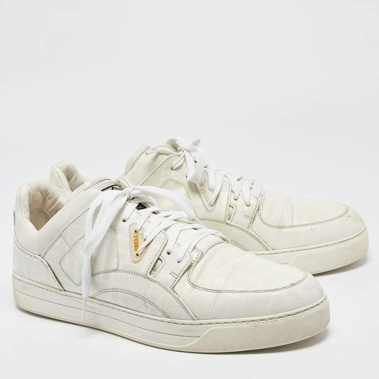Pre Owned Fendi White Logo Print Leather Low Top Sneakers Size 45