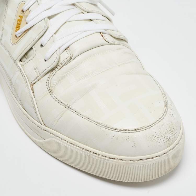 Pre Owned Fendi White Logo Print Leather Low Top Sneakers Size 45