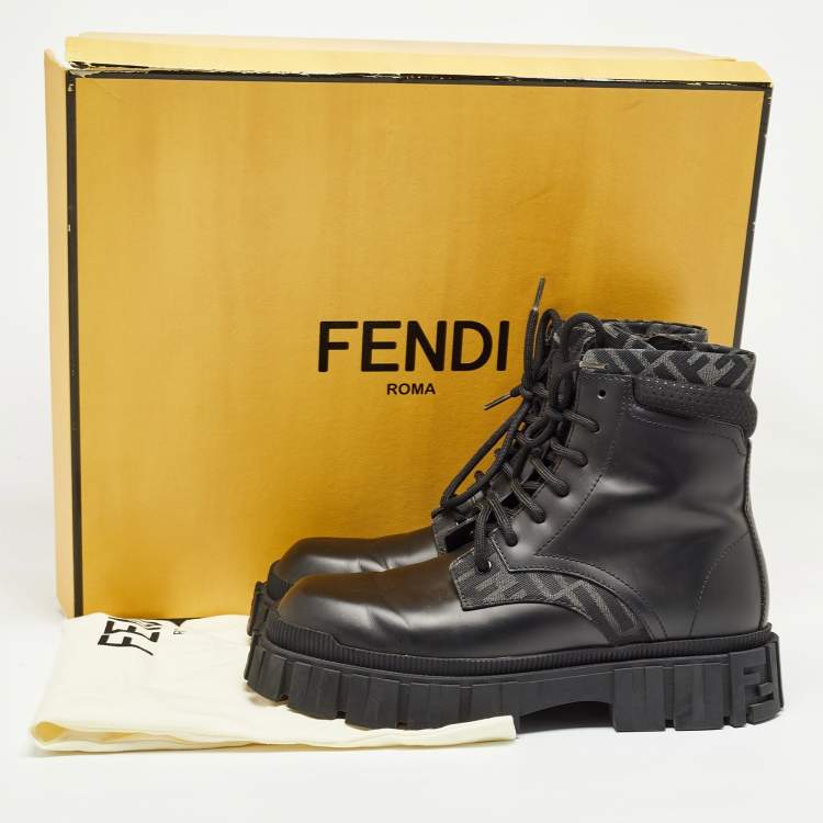 Pre Owned Fendi Black Leather and Canvas Ankle Boots Size 41