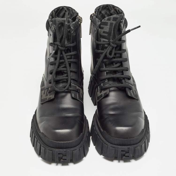 Pre Owned Fendi Black Leather and Canvas Ankle Boots Size 41