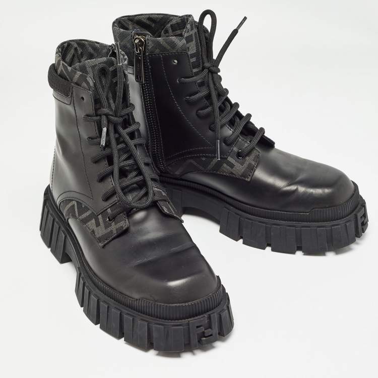 Pre Owned Fendi Black Leather and Canvas Ankle Boots Size 41