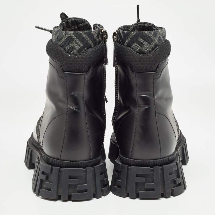 Pre Owned Fendi Black Leather and Canvas Ankle Boots Size 41