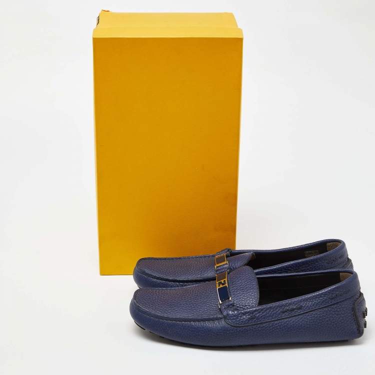Pre Owned Fendi Blue Leather FF Logo Slip On Loafers Size 43