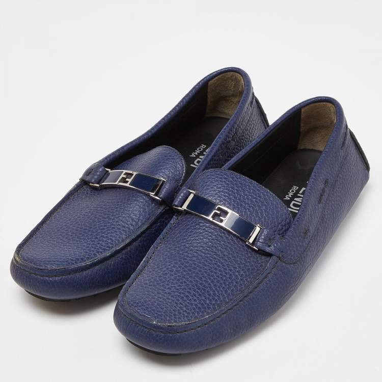 Pre Owned Fendi Blue Leather FF Logo Slip On Loafers Size 43