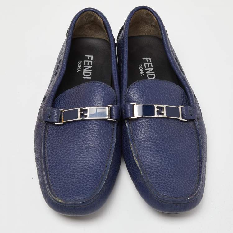 Pre Owned Fendi Blue Leather FF Logo Slip On Loafers Size 43