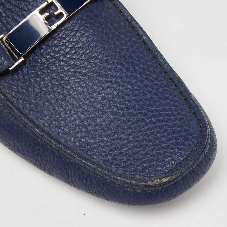 Pre Owned Fendi Blue Leather FF Logo Slip On Loafers Size 43