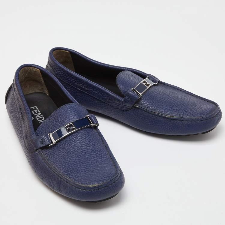Pre Owned Fendi Blue Leather FF Logo Slip On Loafers Size 43