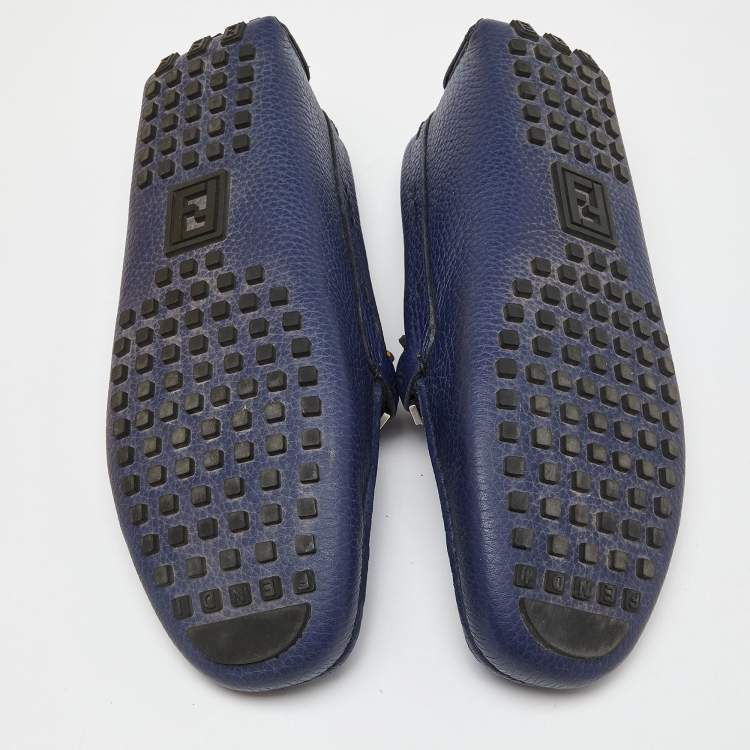 Pre Owned Fendi Blue Leather FF Logo Slip On Loafers Size 43