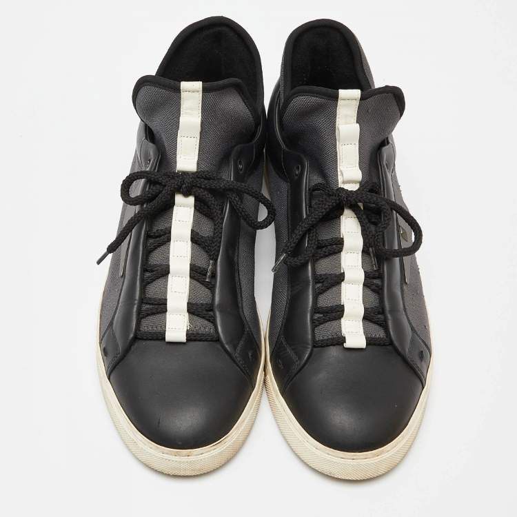 Pre Owned Fendi Black/Grey Leather and Nylon Monster Eye Low Top Sneakers Size 43
