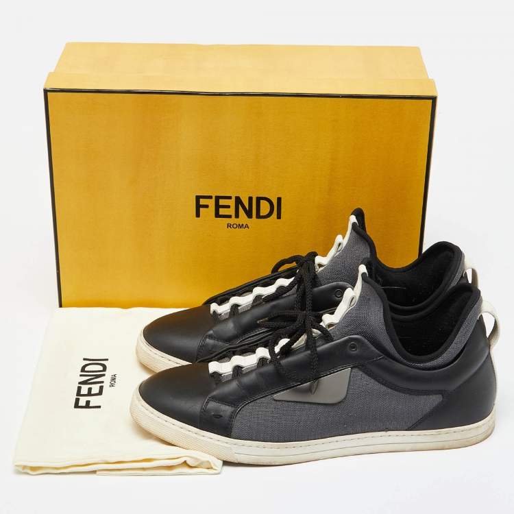 Pre Owned Fendi Black/Grey Leather and Nylon Monster Eye Low Top Sneakers Size 43