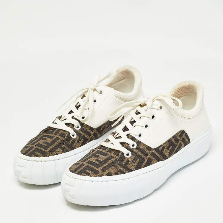 Pre Owned Fendi Brown/White Zucca Canvas and Leather Force Sneakers Size 45