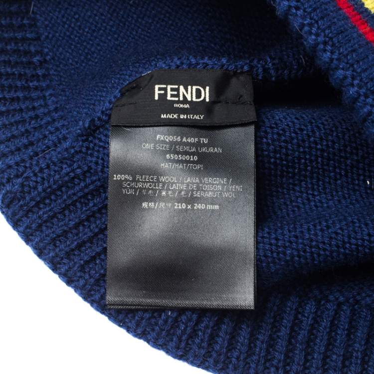 Pre Owned Fendi Blue Logo Intarsia Knit Wool Beanie ( One Size )