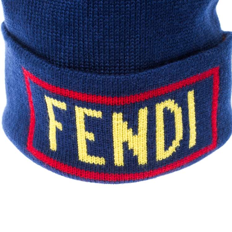 Pre Owned Fendi Blue Logo Intarsia Knit Wool Beanie ( One Size )