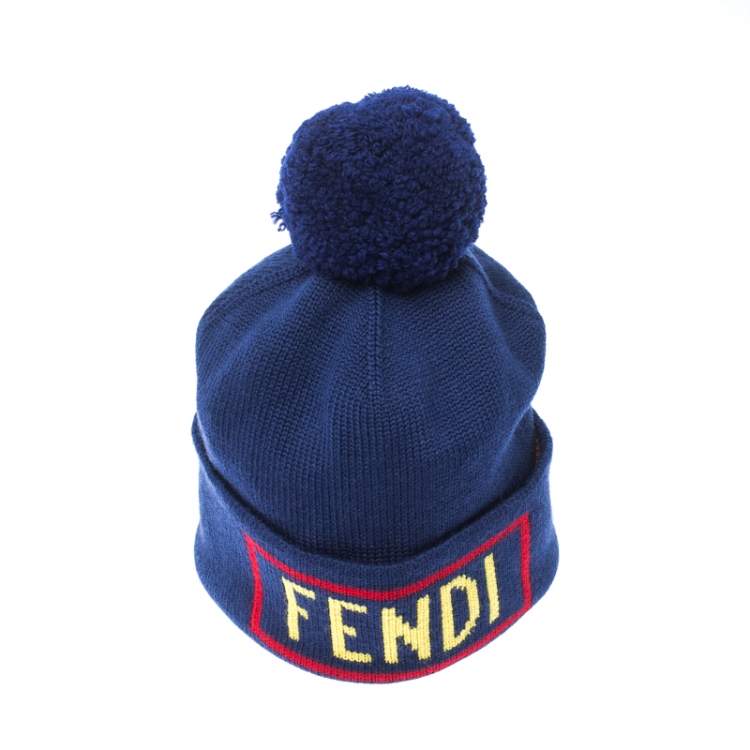 Pre Owned Fendi Blue Logo Intarsia Knit Wool Beanie ( One Size )