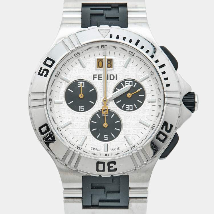 Pre Owned Fendi Silver Dial Two-tone Stainless Steel Rubber 4800G Chronograph Men's Wristwatch 43 mm