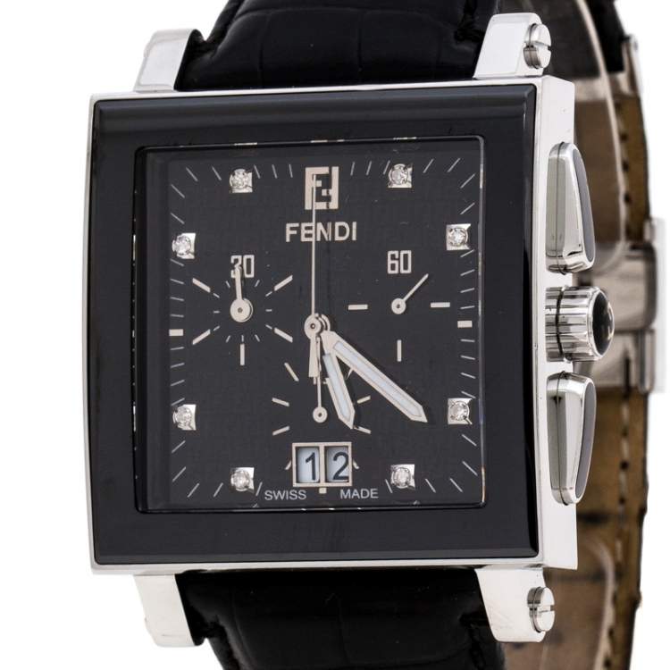 Pre Owned Fendi Black Stainless Steel Ceramic Quadro 6500G Men's Wristwatch 39 mm