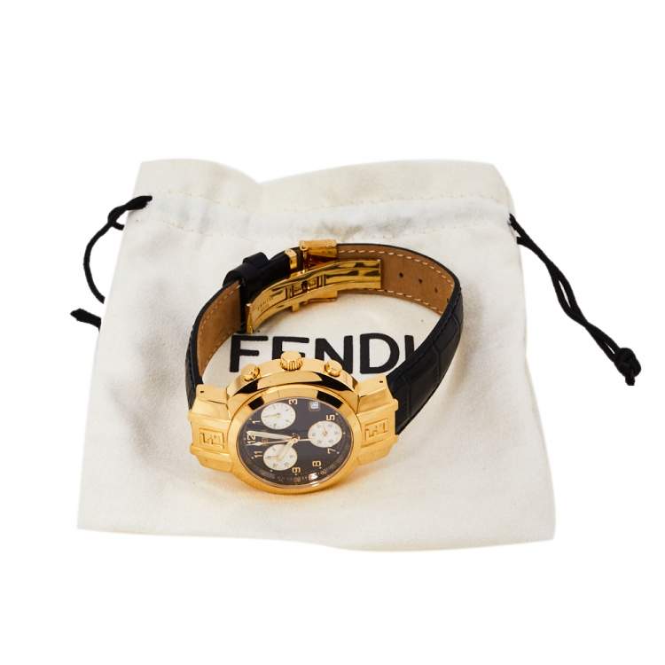 Pre Owned Fendi Black Gold Plated Stainless Steel Leather Orologi 4500G Chronograph Men's Wristwatch 39 mm