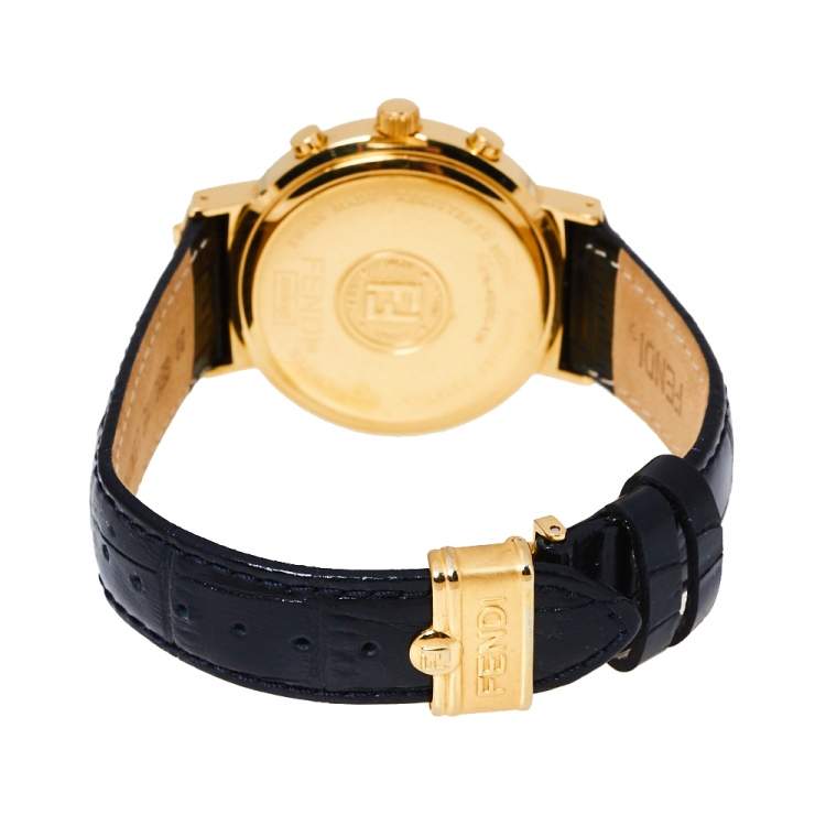 Pre Owned Fendi Black Gold Plated Stainless Steel Leather Orologi 4500G Chronograph Men's Wristwatch 39 mm