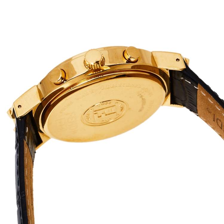 Pre Owned Fendi Black Gold Plated Stainless Steel Leather Orologi 4500G Chronograph Men's Wristwatch 39 mm