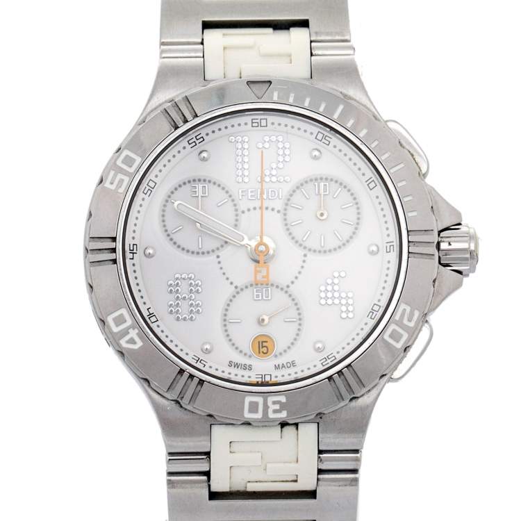 Pre Owned Fendi White Stainless Steel Chronograph 4800M Men's Wristwatch 38 mm