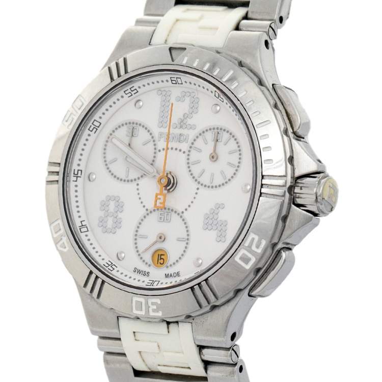 Pre Owned Fendi White Stainless Steel Chronograph 4800M Men's Wristwatch 38 mm