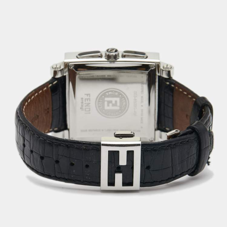 Pre Owned Fendi Black Stainless Steel Ceramic Leather Quadro 6500G Men's Wristwatch 39 mm