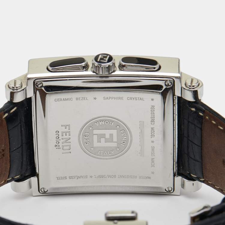 Pre Owned Fendi Black Stainless Steel Ceramic Leather Quadro 6500G Men's Wristwatch 39 mm