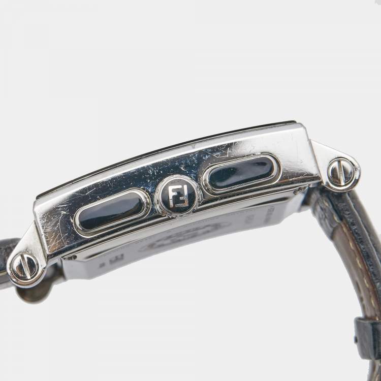 Pre Owned Fendi Black Stainless Steel Ceramic Leather Quadro 6500G Men's Wristwatch 39 mm