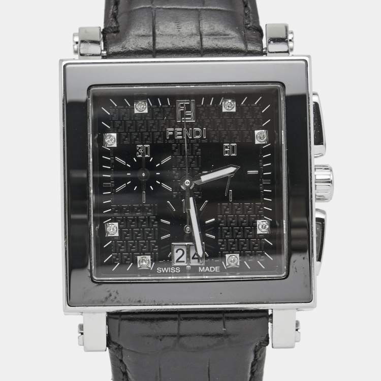 Pre Owned Fendi Black Stainless Steel Ceramic Leather Quadro 6500G Men's Wristwatch 39 mm