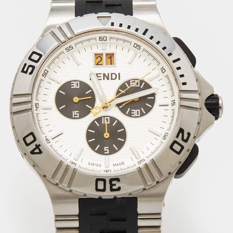 Pre Owned Fendi Silver Stainless Steel Rubber 4800G Men's Wristwatch 43 mm