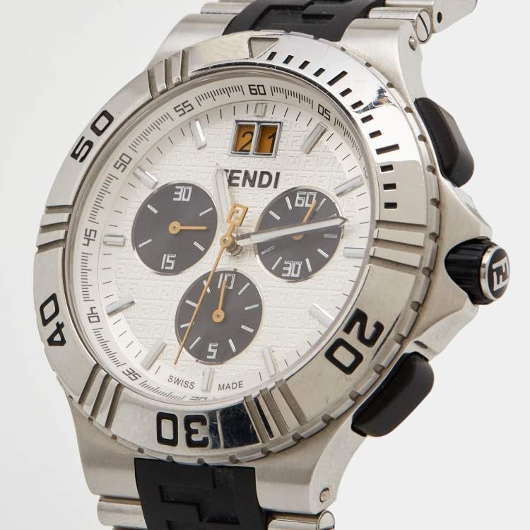 Pre Owned Fendi Silver Stainless Steel Rubber 4800G Men's Wristwatch 43 mm