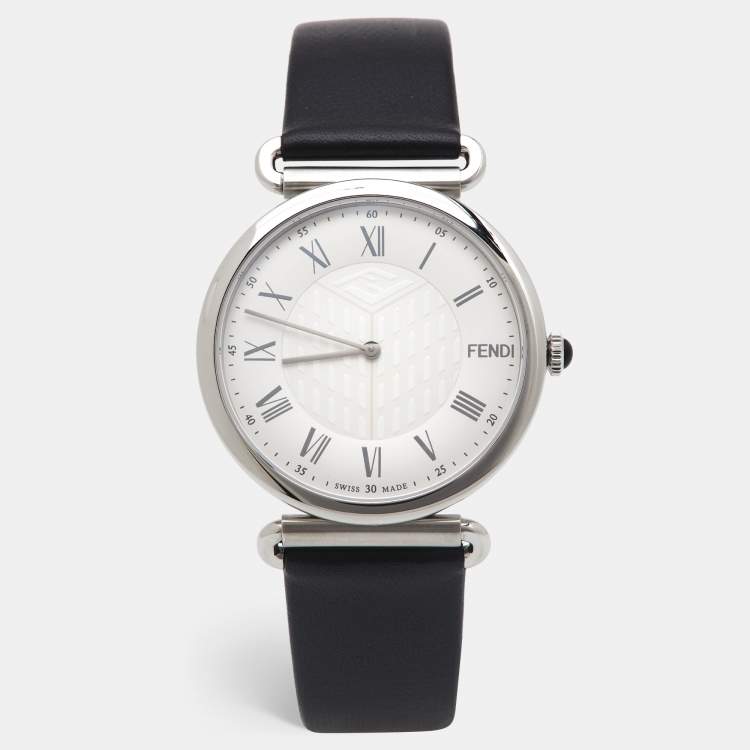 Pre Owned Fendi Silver Stainless Steel Leather Palazzo F0W909-A2YAF0QZ1 Men's Wristwatch 41 mm