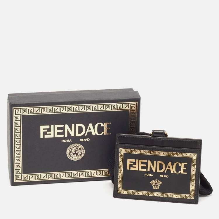 Pre Owned Fendi x Versace Black/Gold Leather Fendace Lanyard Card Holder
