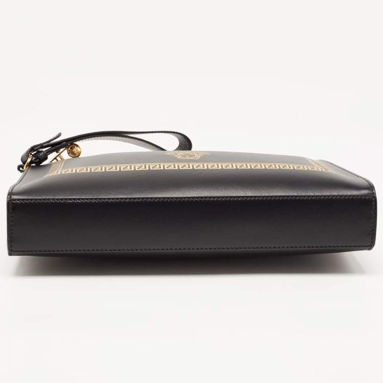 Pre Owned Fendi x Versace Black Leather Logo Wristlet Zip Pouch