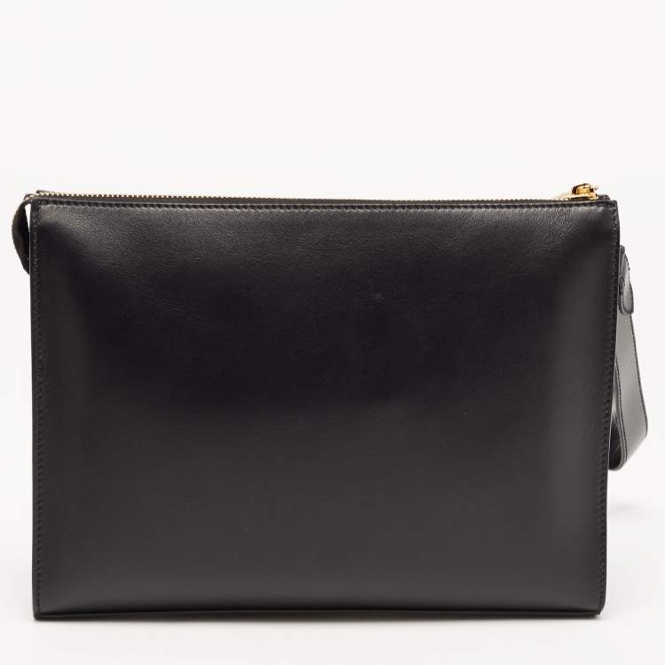 Pre Owned Fendi x Versace Black Leather Logo Wristlet Zip Pouch