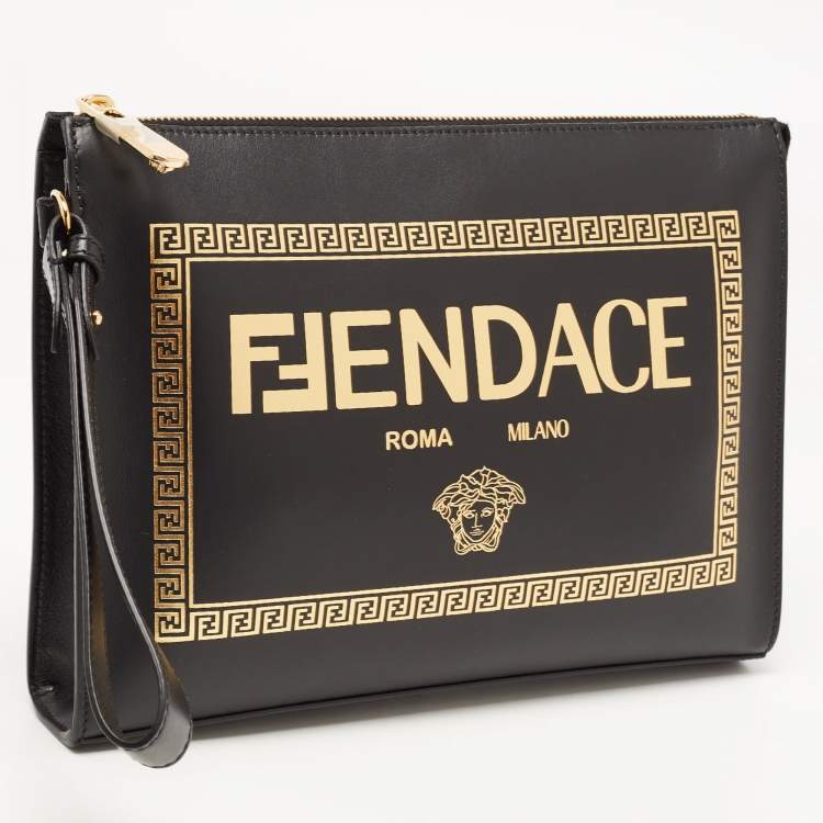 Pre Owned Fendi x Versace Black Leather Logo Wristlet Zip Pouch