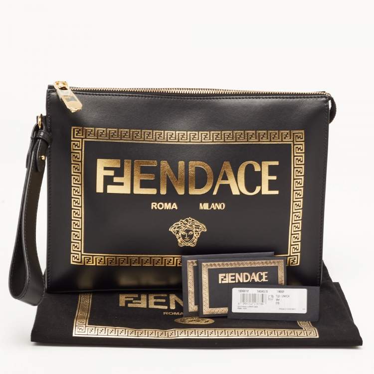 Pre Owned Fendi x Versace Black Leather Logo Wristlet Zip Pouch