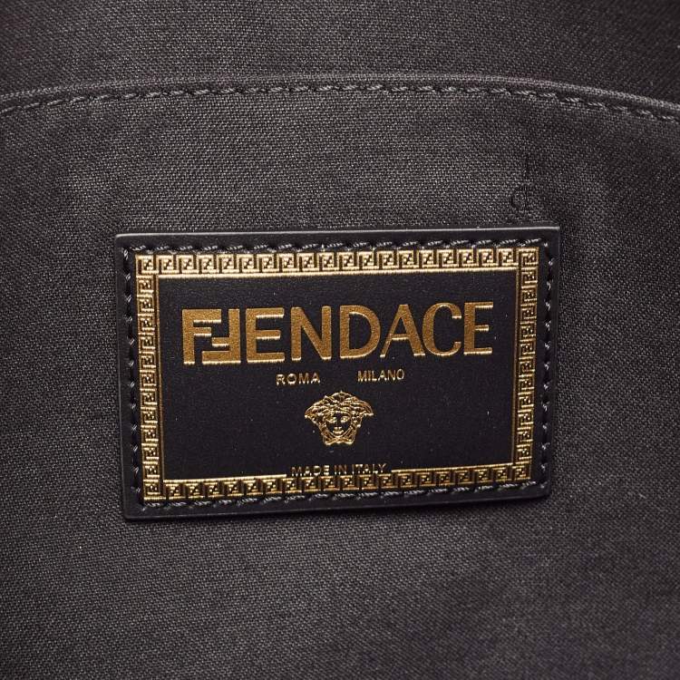 Pre Owned Fendi x Versace Black Leather Logo Wristlet Zip Pouch