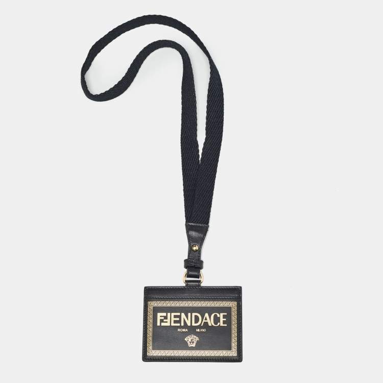 Pre Owned Fendi x Versace Black/Gold Leather Fendace Lanyard Card Holder