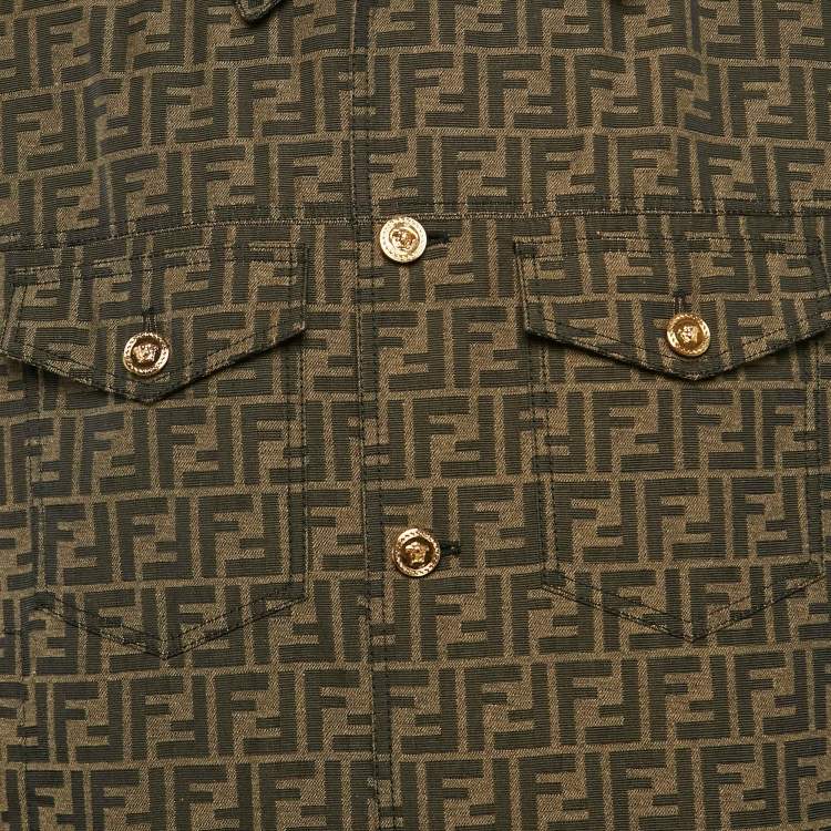 Pre Owned Fendi X Versace Brown Embellished Zucca FF Logo Jacquard Trucker Jacket L