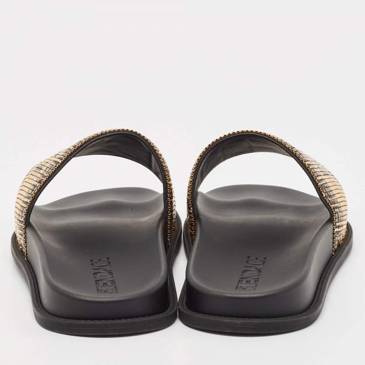 Pre Owned Fendi x Versace Gold/Black Metal Mesh Pool Slides Size 44