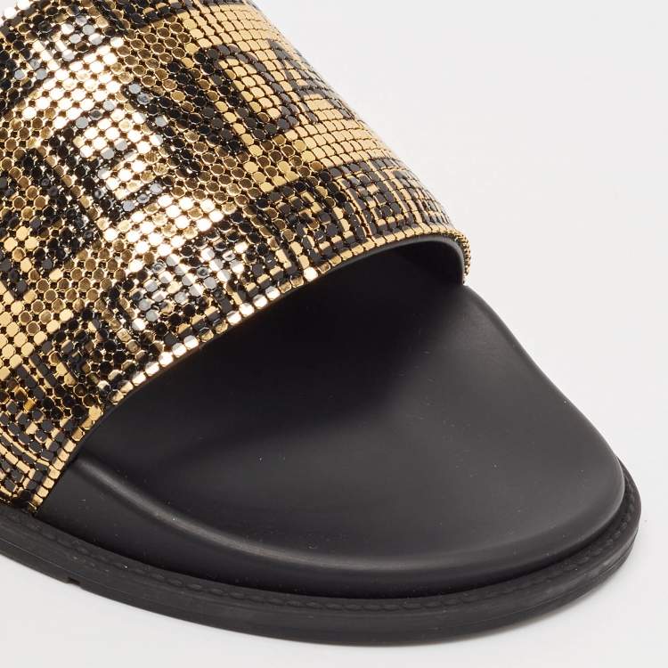Pre Owned Fendi x Versace Gold/Black Metal Mesh Pool Slides Size 44