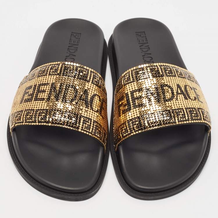 Pre Owned Fendi x Versace Gold/Black Metal Mesh Pool Slides Size 44