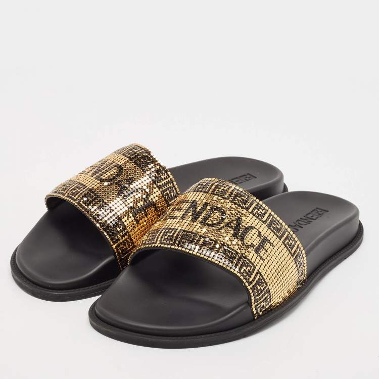 Pre Owned Fendi x Versace Gold/Black Metal Mesh Pool Slides Size 44