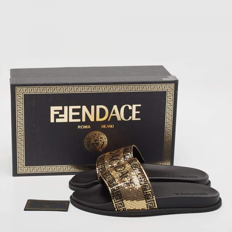 Pre Owned Fendi x Versace Gold/Black Metal Mesh Pool Slides Size 44